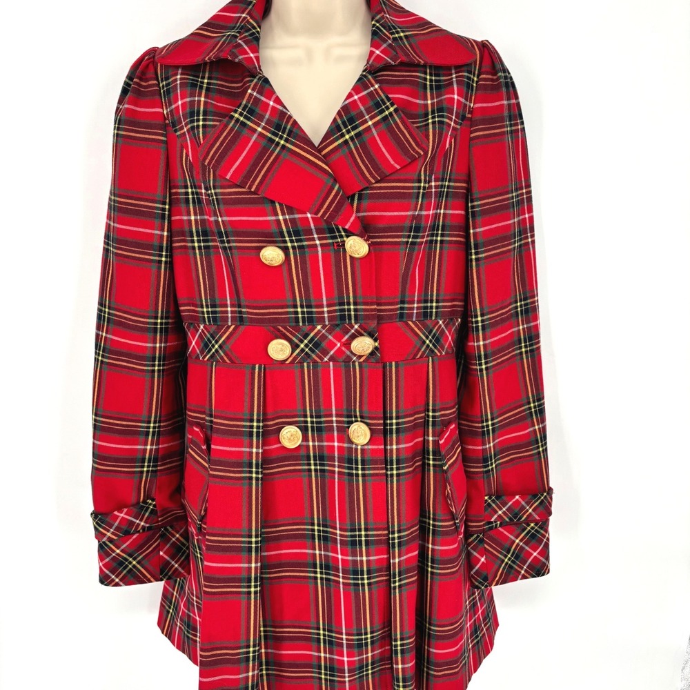 Knights Bridge Red Plaid Double Breasted Coat Crest Buttons Back Bow Junior Sz 9
